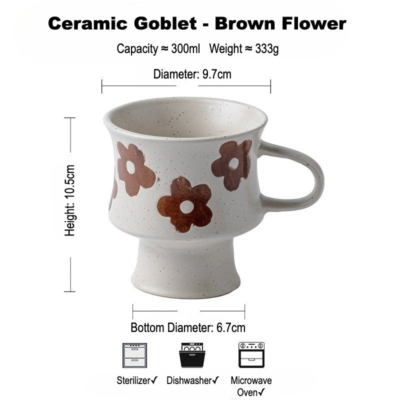 This is a 300ml ceramic goblet mug with hand-painted leaf or flower patterns and a matte sesame-speckled glaze design. With mouth diameter of 9.7, bottom diameter of 6.7cm and height of 10.5cm, this mug is ideal for coffee, milk, water, or oatmeal during slow mornings or quiet afternoons.