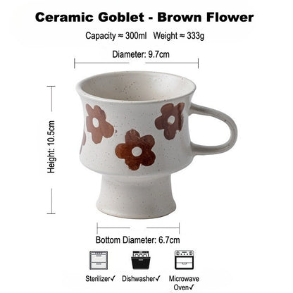 This is a 300ml ceramic goblet mug with hand-painted leaf or flower patterns and a matte sesame-speckled glaze design. With mouth diameter of 9.7, bottom diameter of 6.7cm and height of 10.5cm, this mug is ideal for coffee, milk, water, or oatmeal during slow mornings or quiet afternoons.