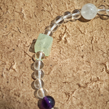 A multi-gemstone bracelet which is made with Silver Sheen Obsidian, Clear Quartz, Amethyst, Rose Quartz, Kyanite, Citrine, and Prehnite, etc. It’s also a necklace.