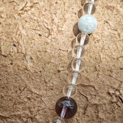 A multi-gemstone bracelet which is made with Silver Sheen Obsidian, Clear Quartz, Amethyst, Rose Quartz, Kyanite, Citrine, and Prehnite, etc. It’s also a necklace.