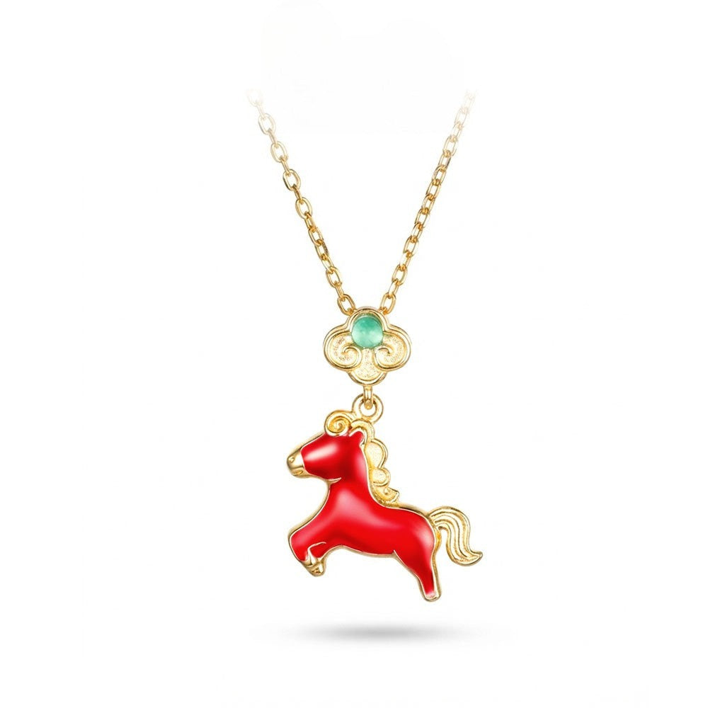 This is a S925 sterling silver necklace with horse pendant. The necklace is with gold color and the horse pendent is in red color. It's a delicate clavicle chain which can match many different outfits.