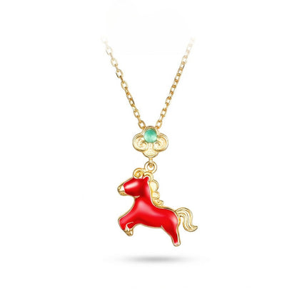 This is a S925 sterling silver necklace with horse pendant. The necklace is with gold color and the horse pendent is in red color. It's a delicate clavicle chain which can match many different outfits.