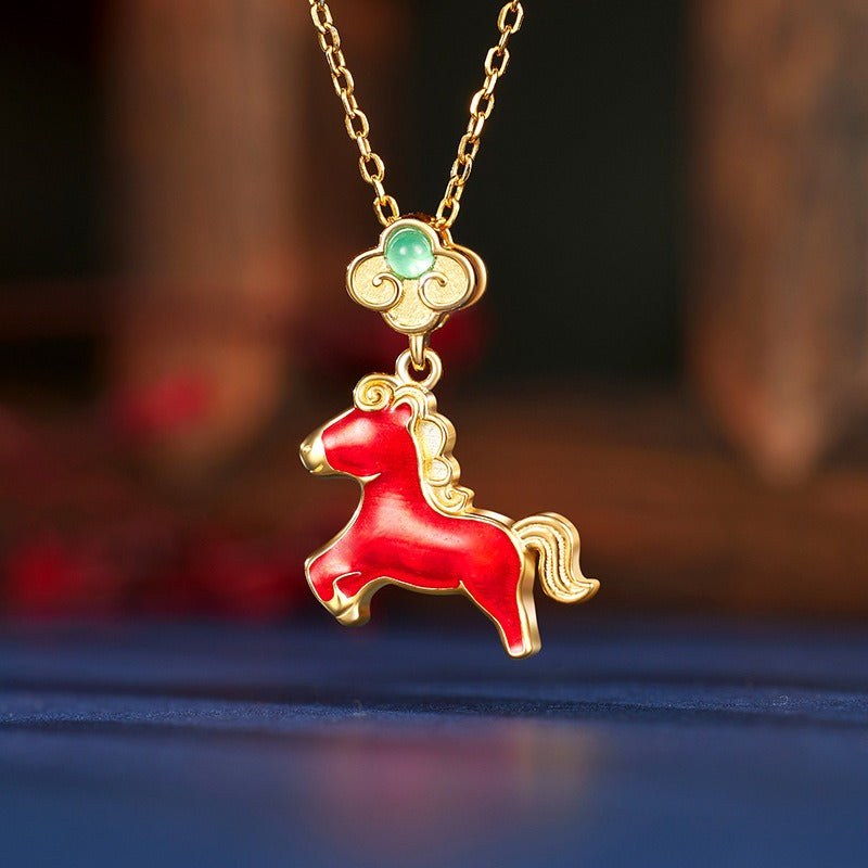 This is a S925 sterling silver necklace with horse pendant. The necklace is with gold color and the horse pendent is in red color. It's a delicate clavicle chain which can match many different outfits.