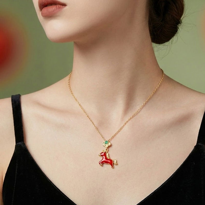 This is a S925 sterling silver necklace with horse pendant. The necklace is with gold color and the horse pendent is in red color. It's a delicate clavicle chain which can match many different outfits.