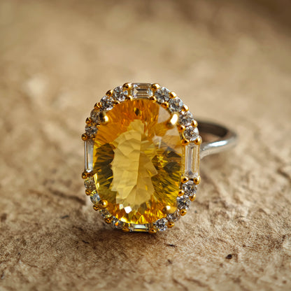 A 7-carat natural citrine, cut to 128 facets, turns this ring into a private sunrise that follows every finger move.