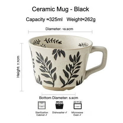 This is a 325ml coarse ceramic mug with a matte sesame-speckled glaze and hand-painted leaf design. It comes with a rounded handle that sits comfortably in your hand. Ideal for coffee, milk, water, or oatmeal during slow mornings or quiet afternoons.