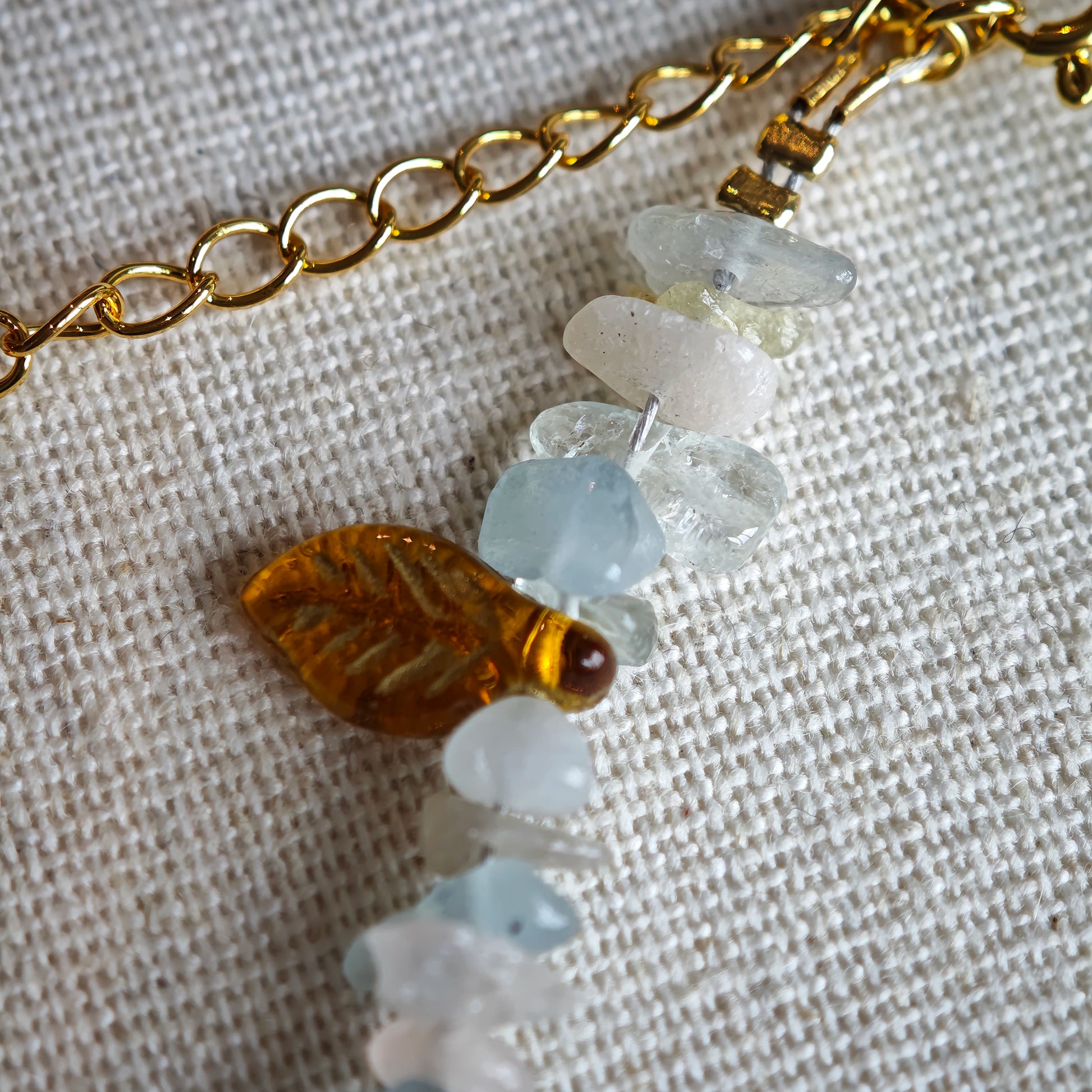 Consist of milky white and pale blue glass beads and shimmering crystal fragments, this beaded bracelet glows like sunlight dancing on icy shores.