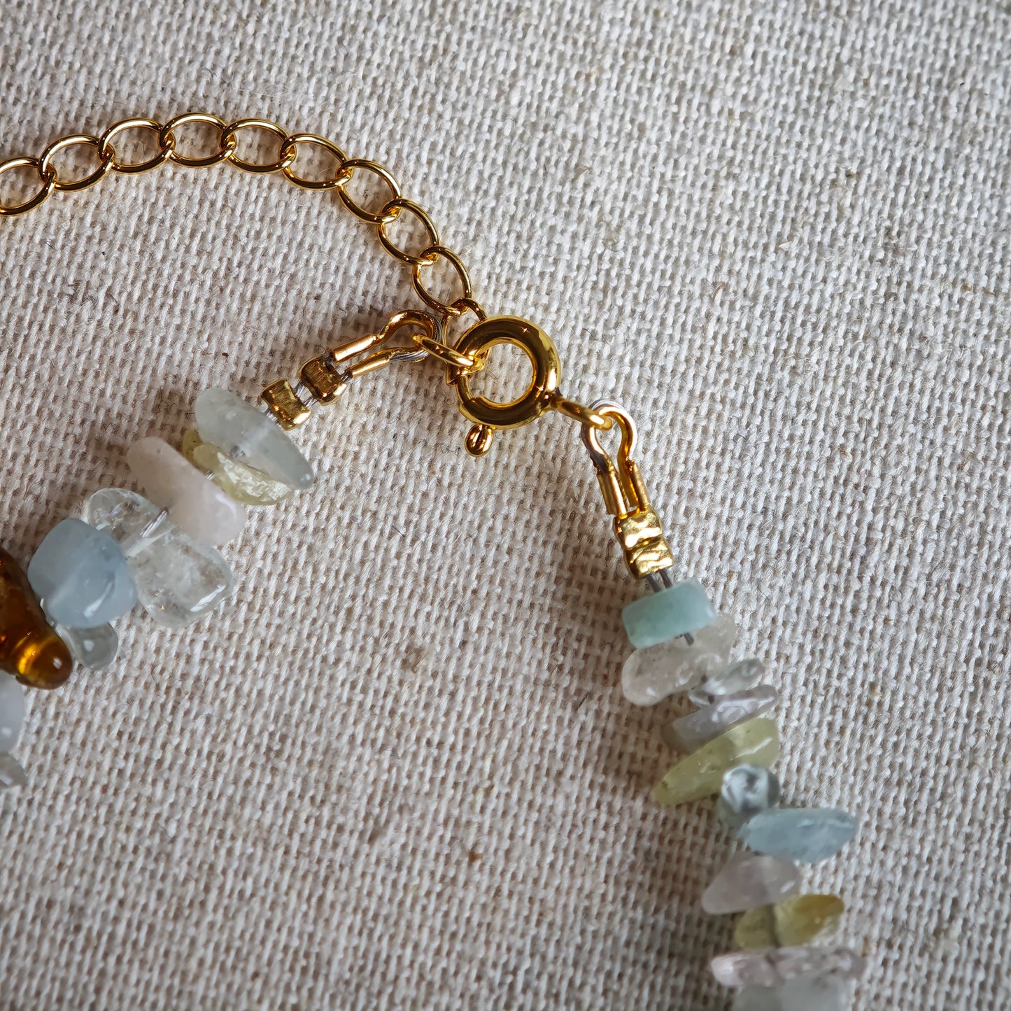 Consist of milky white and pale blue glass beads and shimmering crystal fragments, this beaded bracelet glows like sunlight dancing on icy shores.