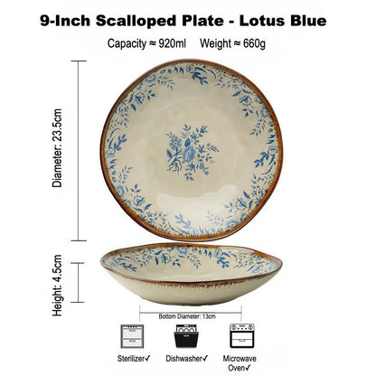This is a 9-inch/23.5cm deep plate with blue lotus leaf patterns. The capacity is 920ml. And it's with wide and open shape. Crafted using a reactive "Kiln Change" glaze technique, each plate reacts differently to the high heat of the kiln.