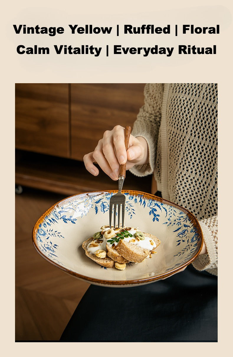 This is a 9-inch/23.5cm deep plate with blue lotus leaf patterns. The capacity is 920ml. And it's with wide and open shape. Crafted using a reactive "Kiln Change" glaze technique, each plate reacts differently to the high heat of the kiln.
