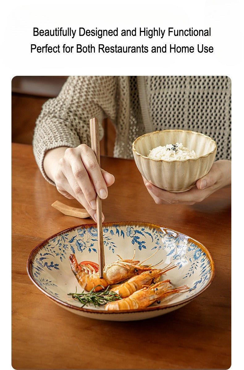 This is a 9-inch/23.5cm deep plate with blue lotus leaf patterns. The capacity is 920ml. And it's with wide and open shape. Crafted using a reactive "Kiln Change" glaze technique, each plate reacts differently to the high heat of the kiln.
