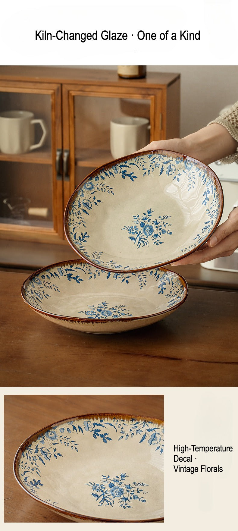 This is a 9-inch/23.5cm deep plate with blue lotus leaf patterns. The capacity is 920ml. And it's with wide and open shape. Crafted using a reactive "Kiln Change" glaze technique, each plate reacts differently to the high heat of the kiln.