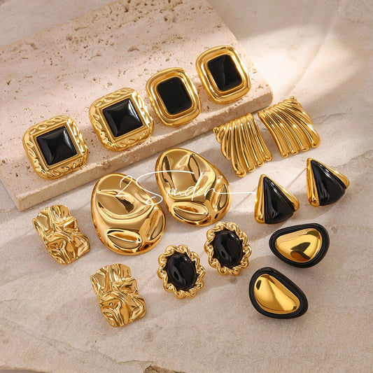 Classic Black and Gold Stud Earrings with Geometric Shape.