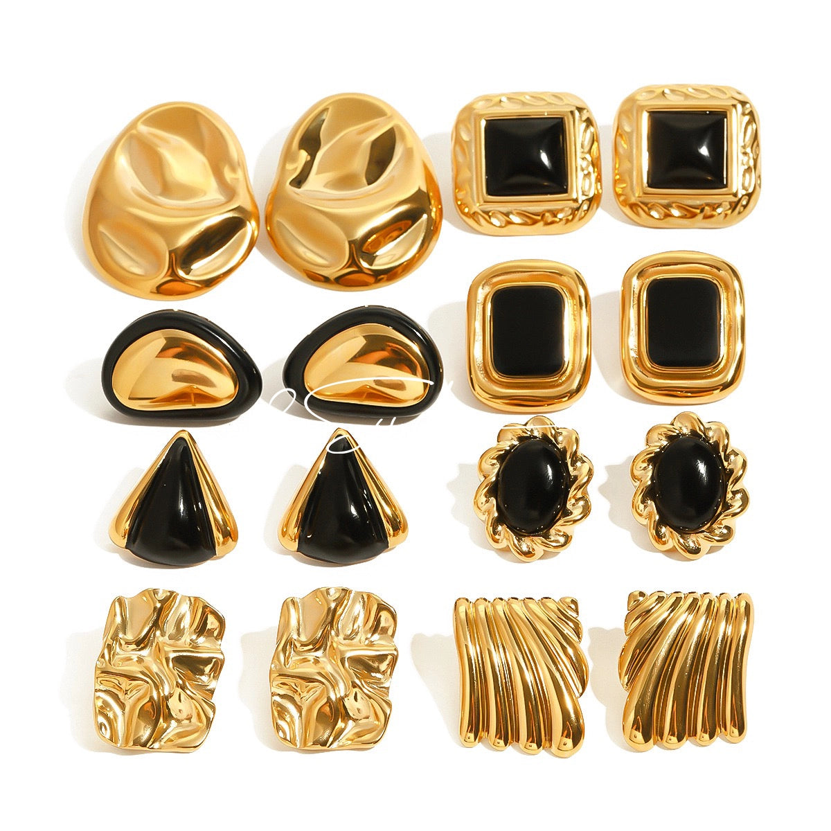Classic Black and Gold Stud Earrings with Geometric Shape.