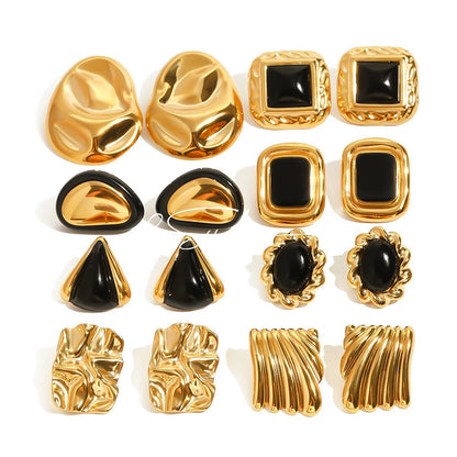 Classic Black and Gold Stud Earrings with Geometric Shape.