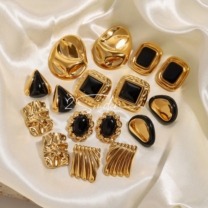 Classic Black and Gold Stud Earrings with Geometric Shape.