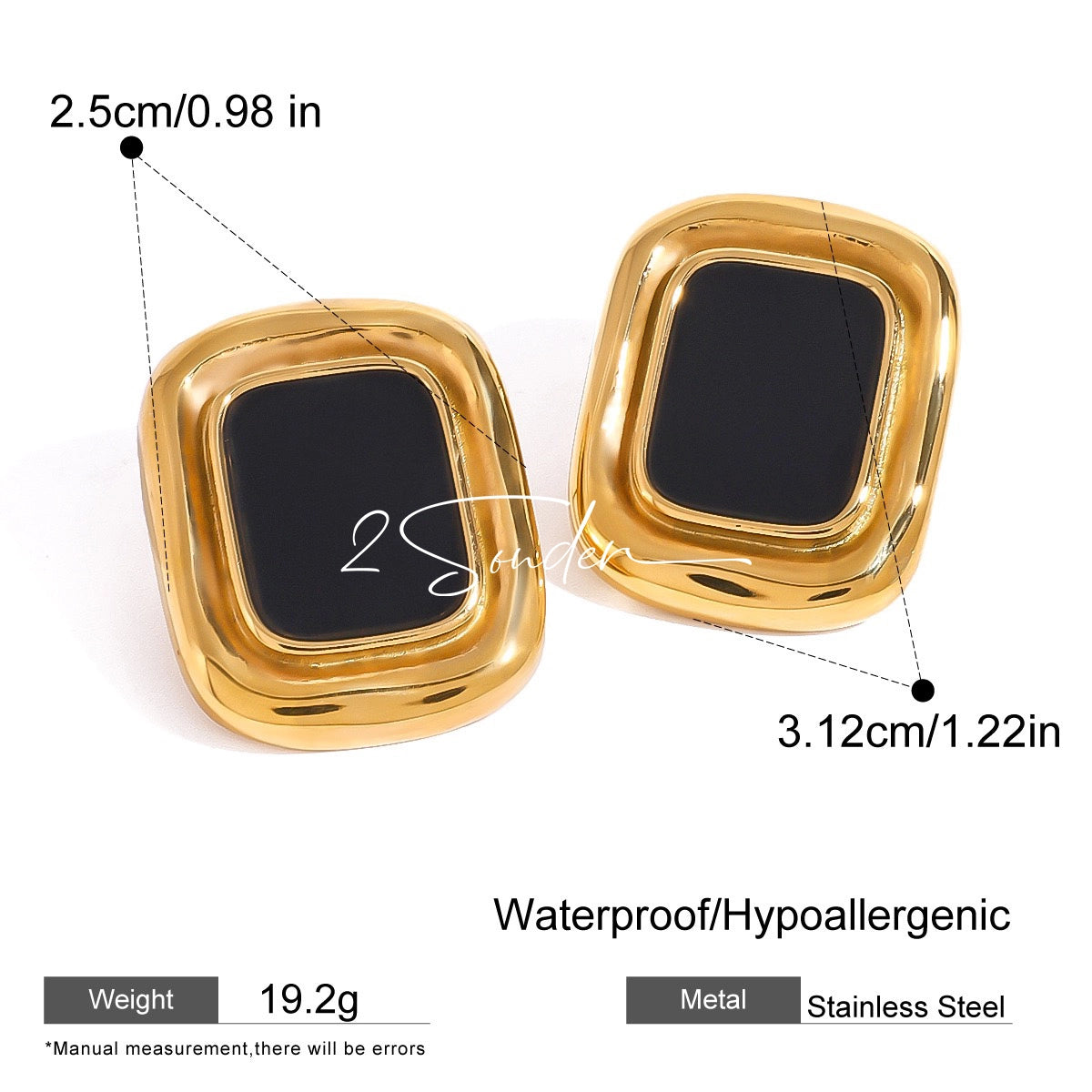 Classic Black and Gold Stud Earrings with Geometric Shape.