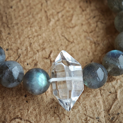 This grey moonstone bracelet consists of 17 grey moonstone and 1 clear quartz. It's mystery and elegant.