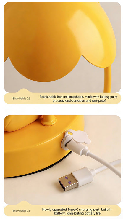 This is a bedside lamp with a design of a duck lying in a yellow sofa. And it comes with a round lampshade. Smooth rounded lines and artistic detailing make it a decorative bedside lamp and a comforting companion after long workdays.