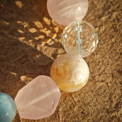 Soft mint, blush, ice, lemon, and lavender mingle in aquamarine, rose quartz, clear quartz, citrine, and amethyst.