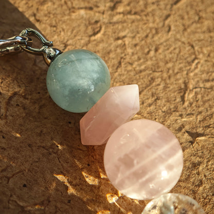 Wear five pastel crystals: aquamarine, rose quartz, clear quartz, citrine, and amethyst in sweet harmony.
