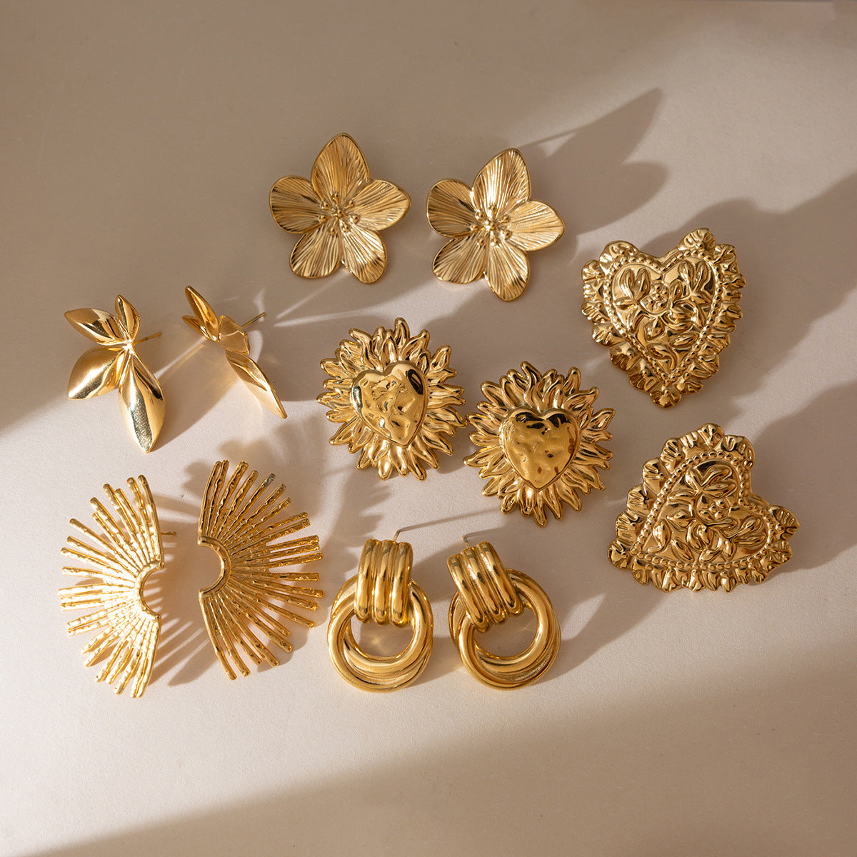 18K Gold Plated Stainless Steel Earrings | Heart, Flower & Sun Minimalist Jewelry for Women