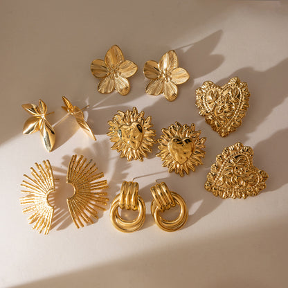 18K Gold Plated Stainless Steel Earrings | Heart, Flower & Sun Minimalist Jewelry for Women