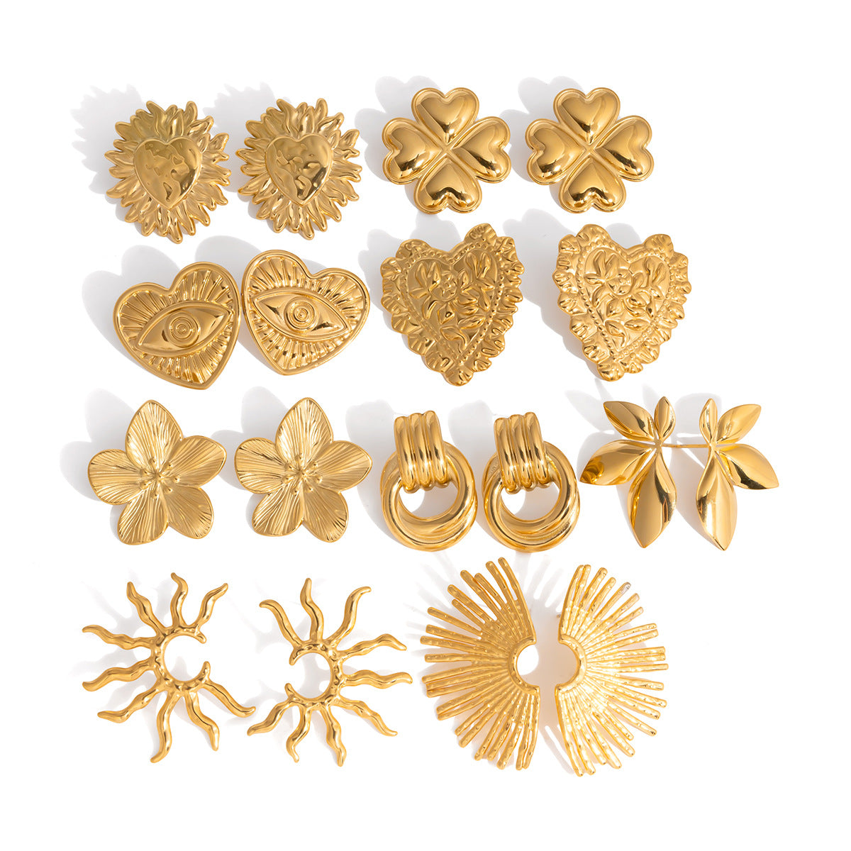 18K Gold Plated Stainless Steel Earrings | Heart, Flower & Sun Minimalist Jewelry for Women