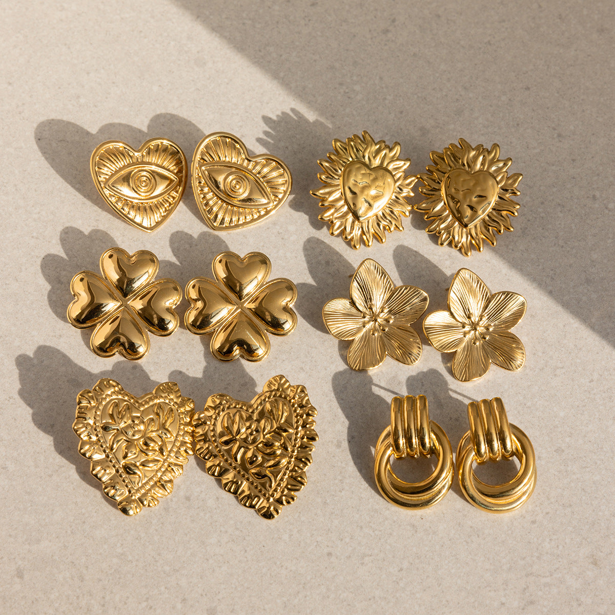 18K Gold Plated Stainless Steel Earrings | Heart, Flower & Sun Minimalist Jewelry for Women