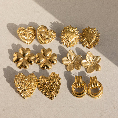 18K Gold Plated Stainless Steel Earrings | Heart, Flower & Sun Minimalist Jewelry for Women