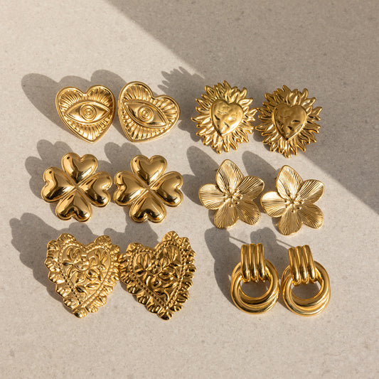 18K Gold Plated Stainless Steel Earrings | Heart, Flower & Sun Minimalist Jewelry for Women
