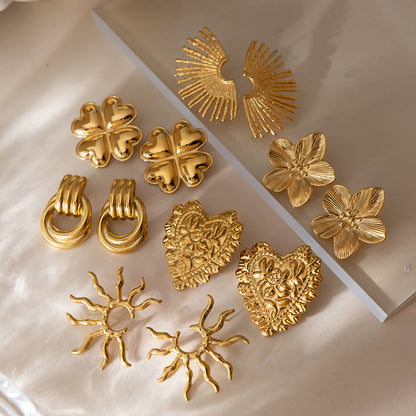 18K Gold Plated Stainless Steel Earrings | Heart, Flower & Sun Minimalist Jewelry for Women