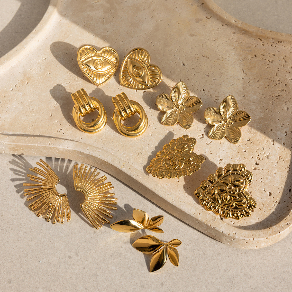 18K Gold Plated Stainless Steel Earrings | Heart, Flower & Sun Minimalist Jewelry for Women