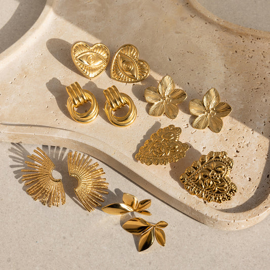 18K Gold Plated Stainless Steel Earrings | Heart, Flower & Sun Minimalist Jewelry for Women