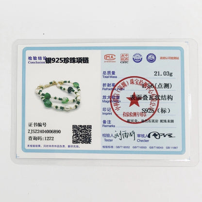 This is a necklace consist of 925 sterling silver with a vintage gold finish, featuring real pearls, malachite, and green agate. The chain is 36cm with a 7cm extender, ensuring it lays beautifully.