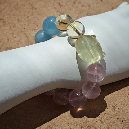 This is a Rose Quartz Bracelet with Aquamarine, Citrine crystal and cat charm.