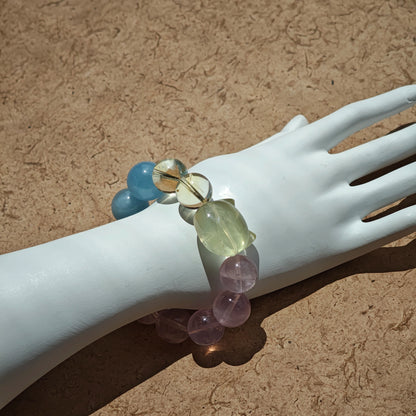 This is a Rose Quartz Bracelet with Aquamarine, Citrine crystal and cat charm.