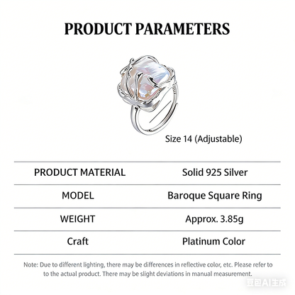 This is a S925 ring with white gold finish. In the ring, there is a square baroque pearl. This is an adjustable ring that carries organic texture and irregular beauty.