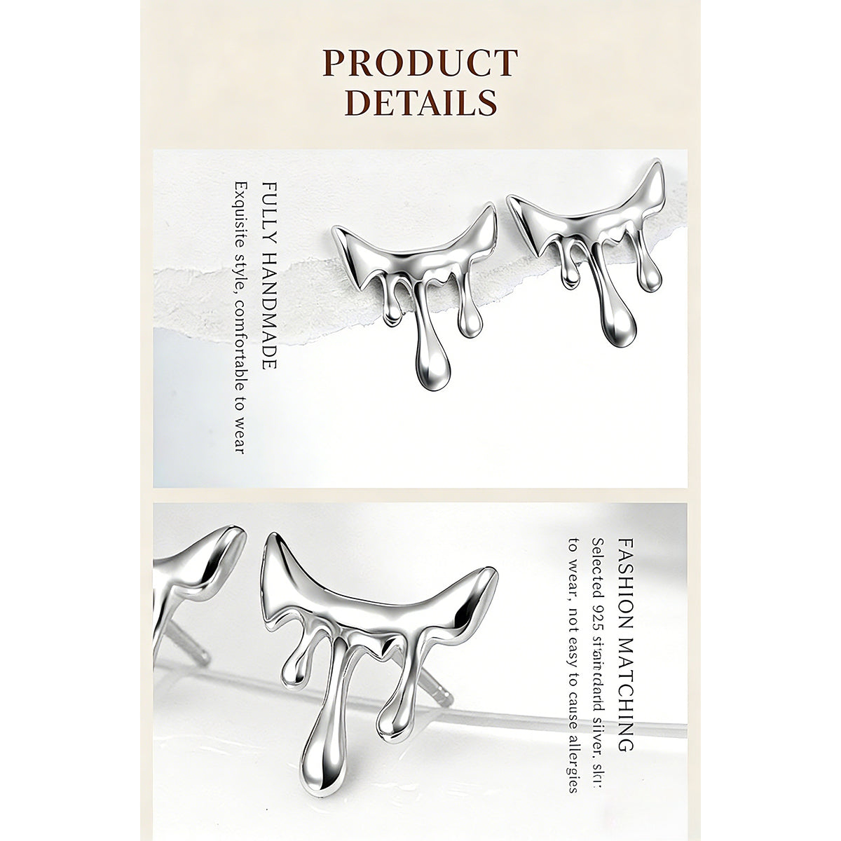 This is a pair of earrings shaped like molten lava. Inspired by the unpredictable flow of volcanic lava and liquid metal, the design breaks away from rigid geometric structures. It's with S925 silver which reflects light beautifully.