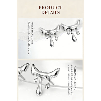 This is a pair of earrings shaped like molten lava. Inspired by the unpredictable flow of volcanic lava and liquid metal, the design breaks away from rigid geometric structures. It's with S925 silver which reflects light beautifully.