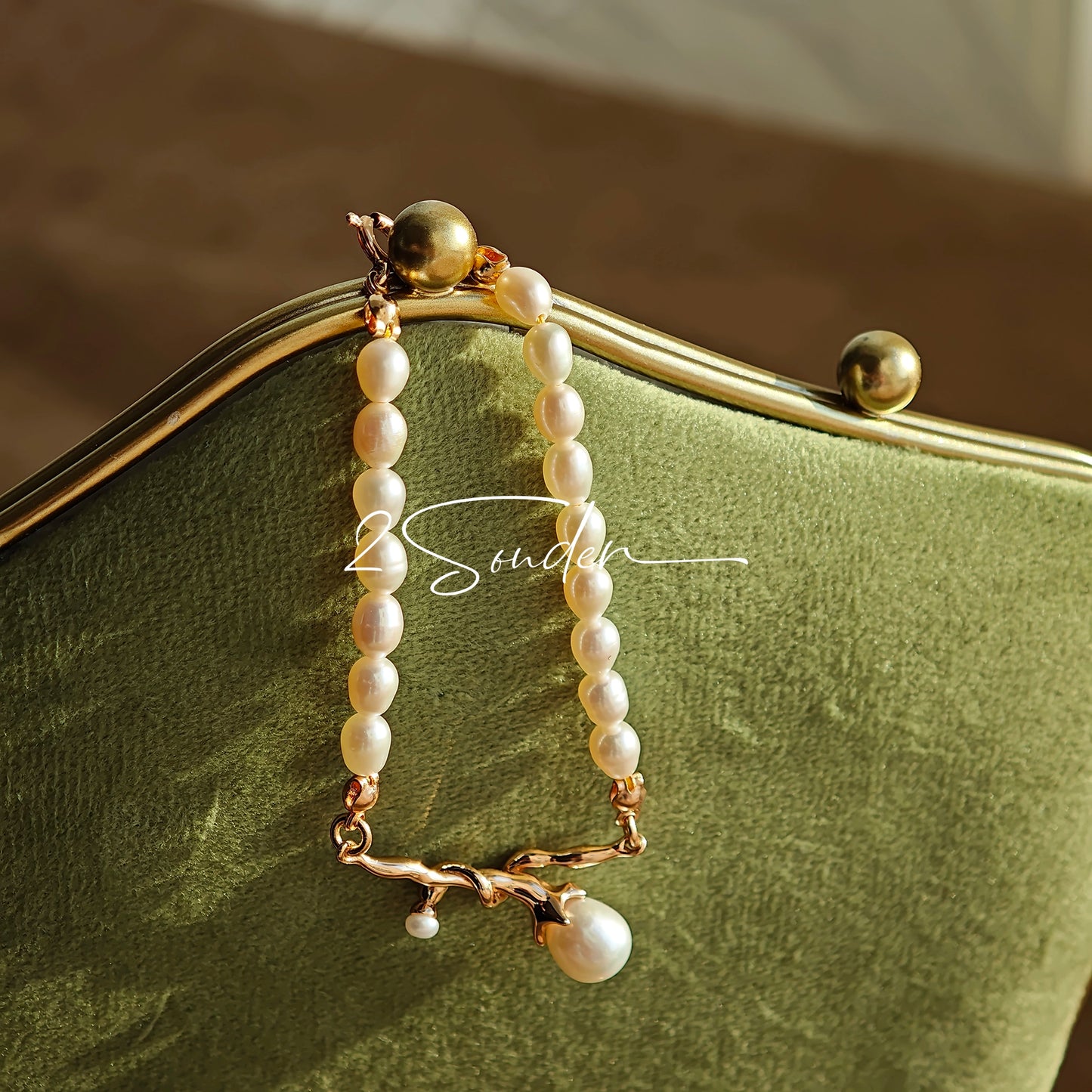 This bracelet is inspired by the romantic concept of "intertwined destiny," the vintage gold color sterling silver gently wraps together like vines. The end of the vines are plated lustrous Freshwater Pearls, symbolizing the beautiful bonds of life.