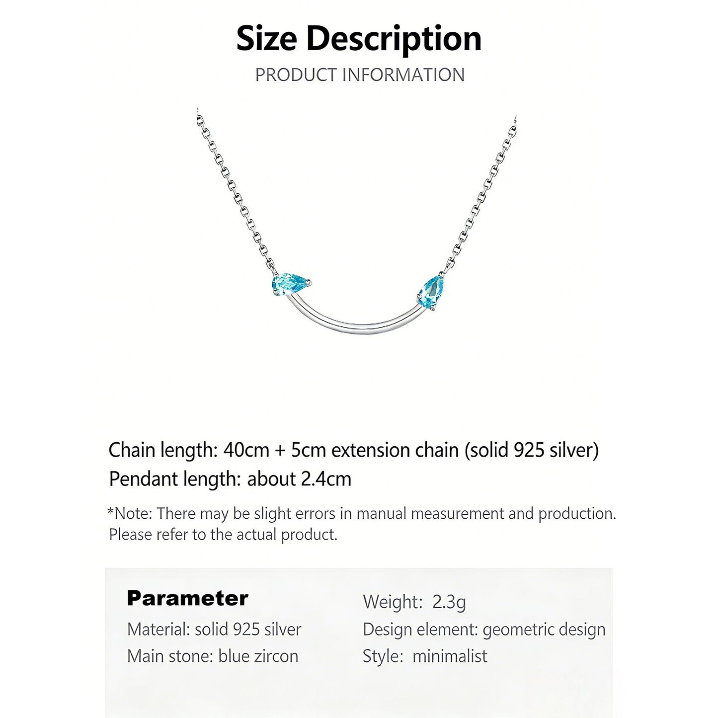 Crafted from polished S925 Sterling Silver, this necklace features a delicate 2.4cm curved bar pendant adorned with shimmering Blue Zircons to mimic a gentle, confident smile. The minimalist design is suspended on an adjustable 40cm clavicle chain, offering a mirror-like finish and a sophisticated touch of quiet luxury.