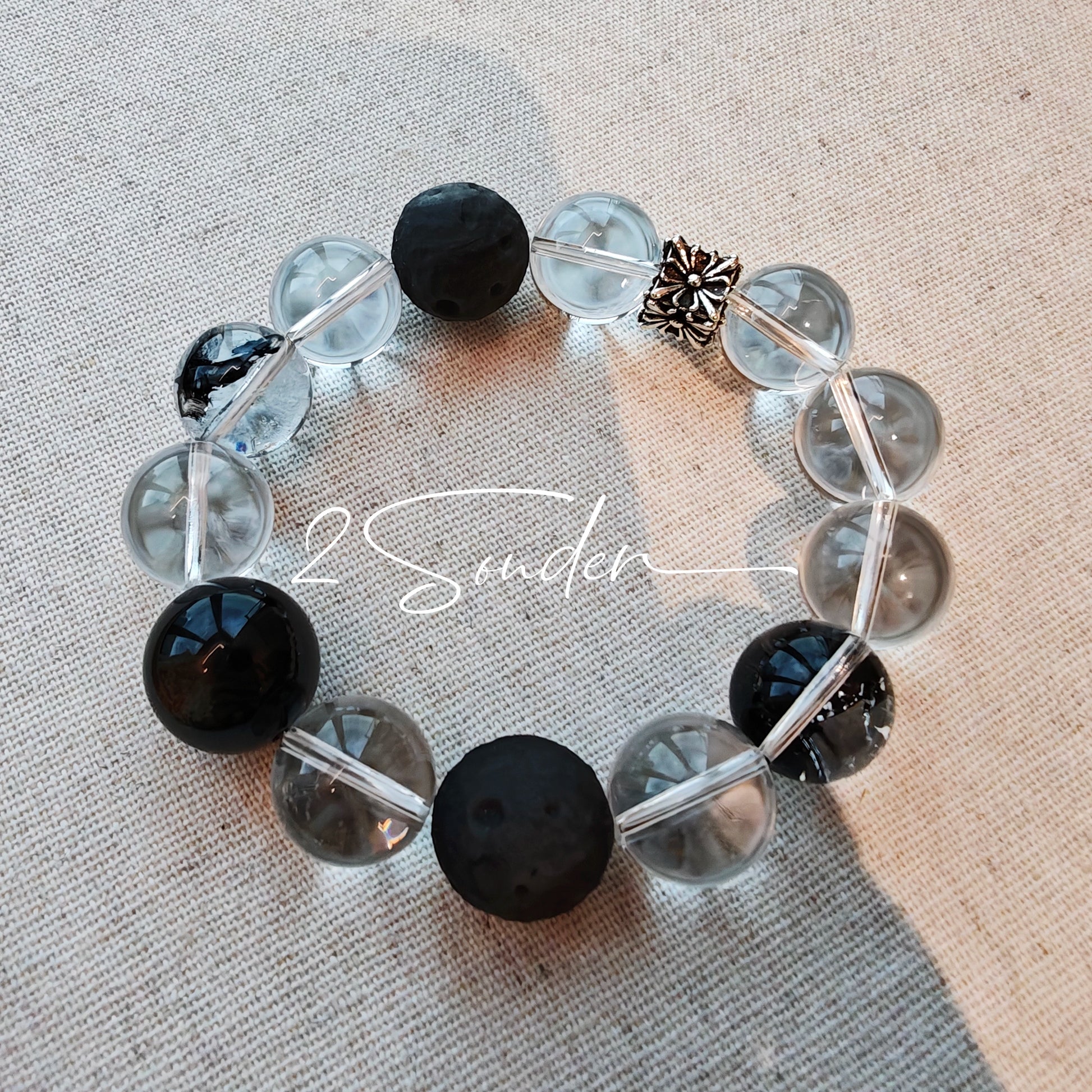 This is a bracelet consists of silver sheen obsidian, clear quartz, herkimer diamonds, meteorite and edgy accents.