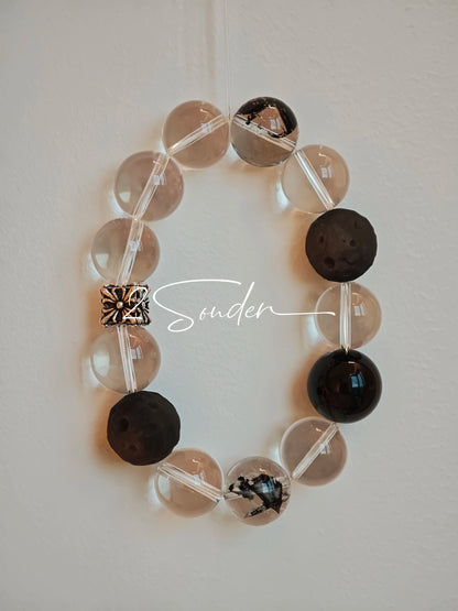 This is a bracelet consists of silver sheen obsidian, clear quartz, herkimer diamonds, meteorite and edgy accents.