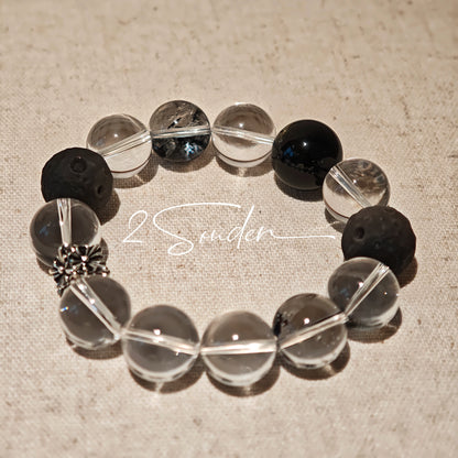 This is a bracelet consists of silver sheen obsidian, clear quartz, herkimer diamonds, meteorite and edgy accents.