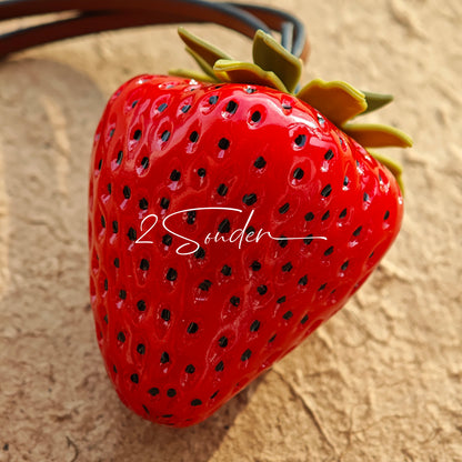 This is a simulated strawberry bag charm. The charm features a strawberry, the same size as a real strawberry, and is made of high-quality resin, giving it a very realistic appearance. It also has a leather cord attached, allowing it to be hung on bags, earphone cases, or used as a keychain. It's versatile and very cute.