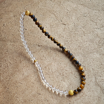 This is a necklace with tiger's eye, clear quartz, gold-plated spacer and elastic cord.
