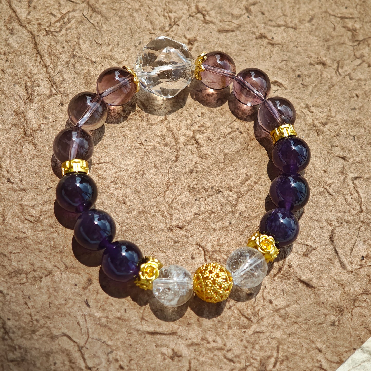 This is a amethyst bracelet consists of Brazilian & Uruguayan amethyst, as well as clear quartz.