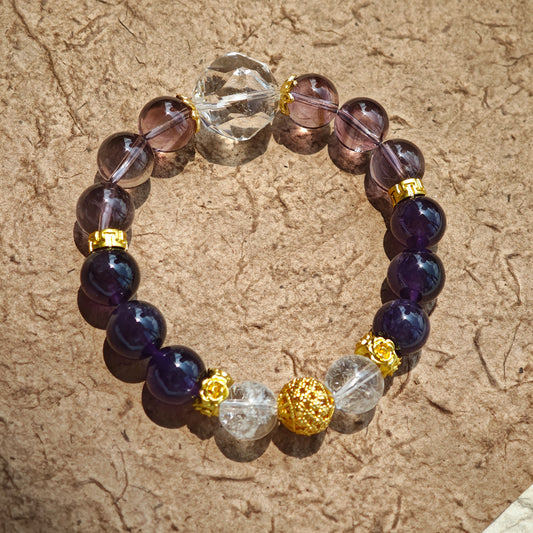 This is a amethyst bracelet consists of Brazilian & Uruguayan amethyst, as well as clear quartz.