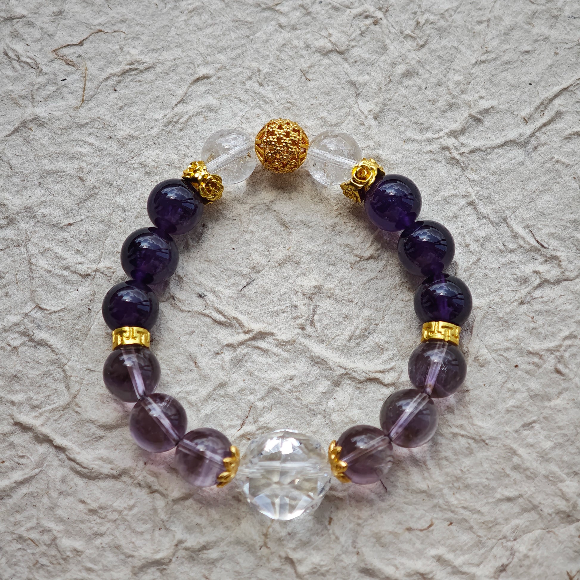 This is a amethyst bracelet consists of Brazilian & Uruguayan amethyst, as well as clear quartz.